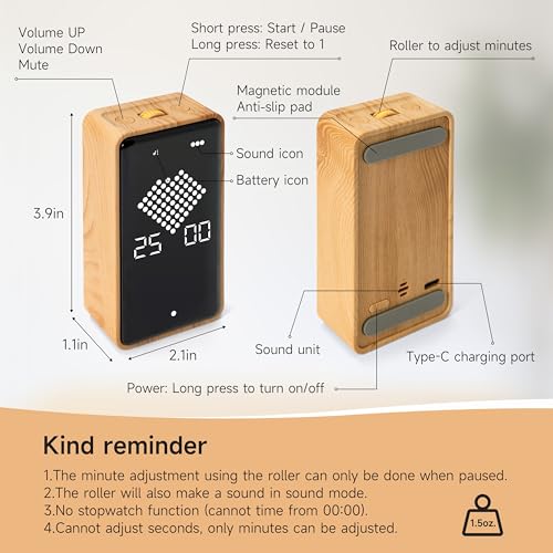 Visual Timer, Rechargeable Digital Hourglass Timer with LED Display | Large display, magnetic back and adjustable volume for classroom, kitchen, fitness, study and kids learning - color: Wood Grain Finish