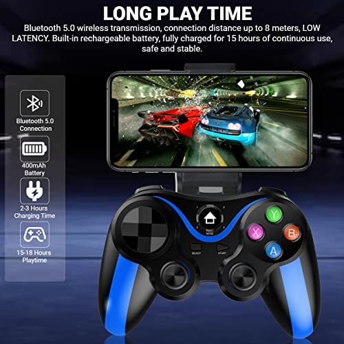 arVin Bluetooth Gamepad Controller for iPhone & Android with Phone Holder, 360 Joystick, 18 Hours Playtime - color: Blue