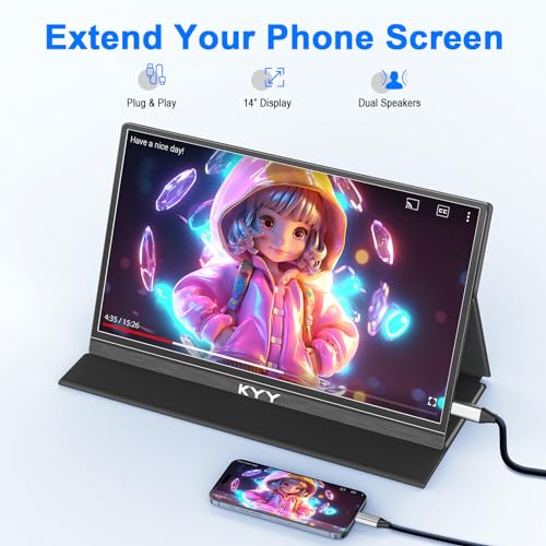 KYY Portable Laptop Monitor,14"1080P Travel Computer Screen with VESA Mount | 14"USB-C & HDMI Computer Gaming Screen with Smart Cover, Dual Speakers, for Mac PC Phone Xbox PS5 Switch, K5-3