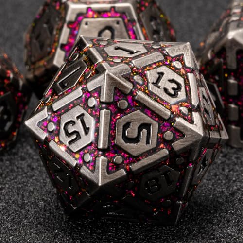 Metal DND Dice Set, Polyhedral Metallic Dice with Cracks for Dungeons and Dragons RPG TTRPG D&D 7-Die Set with Gift Case - color: Ancient Nickel Rose Red