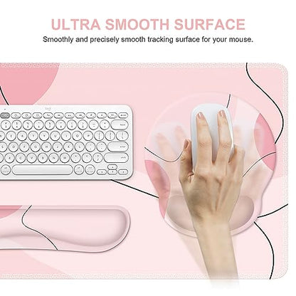 iCasso Pink Art 4in1 Desk Mat, 35.4"x15.7" Keyboard Pad for Travel | Dreamy Ergonomic Desk Pad Including Keyboard Wrist Rest, Mousepad Set for Women Workspace Table Computer Setup - color: Pink Art