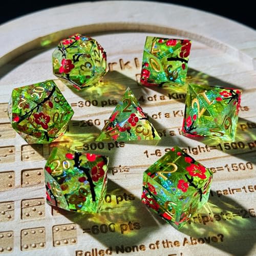 HAOMEJA Resin Flower Dice Set 7pcs/ Sharp Edged Polyhedral Dice/Apply to D&D/DND/RPG-MTG/Role Playing Table Game/Easter/Halloween Party Gift (Yellow Green & Gold Numbers) - color: 7 Yellow Green & Gold Numbers