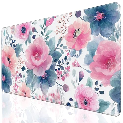 Desk Cover Mat, Floral Large Mouse Pad, Computer Laptop Mat Desk Decor for Women Girls 31.5 X 15.7 Inch (Watercolor Pink Flowers) - color: Watercolor Pink Flowers