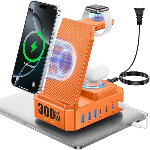 300W Charging Station for Multiple Devices Apple, Zutspzss 10 in 1 Wireless Charger for iPhone 16, GaN III USB C 65W PD Fast Charging Stand Dock for MacBook, Apple Watch&Airpods,Orange - color: Orange