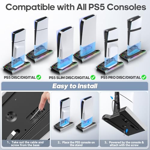 Tokluck PS5/Slim/Pro Cooling Station with Auto Turbofan & 3-Level Speed, PS5 Vertical Stand Cooling Fan Station with Controller Charger, Cooler Docking Station for PlayStation 4 Adapters - color: Black&White