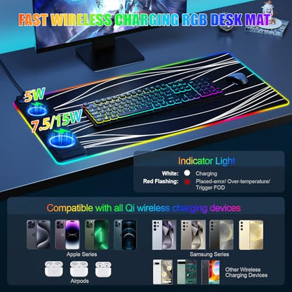 Mouse Pad with Phone Holder, Wireless Charging Desk Mat, RGB Gaming Mousepad Home Office Large Desk Pad with Ultra-Smooth Surface, Non-Slip Base, Waterproof Keyboard Pad,Wavy Black - color: 31.5x15.75"Phone Stand-Wave