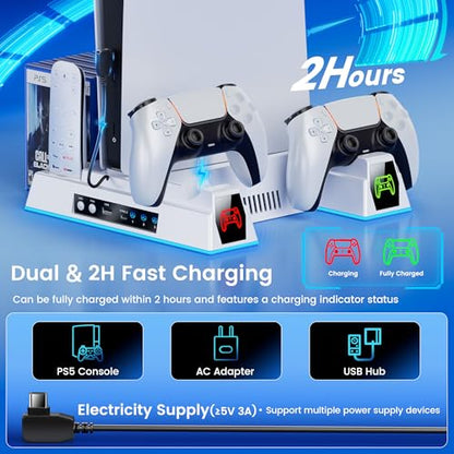 Svetaecho PS5/Slim/Pro Stand and Turbo Cooling Station with Controller Charging Station for PlayStation 5 Digital/Disc Console, LED Cooling Stand PS5/Slim/Pro Accessories Kit with 3 Level Cooler Fan