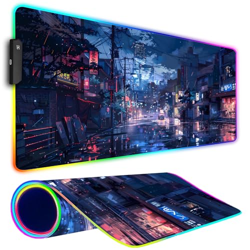 RGB Gaming Mouse Pad, Large Mousepad with Led Light, Gaming Accessories Keyboard Pad for Desk, Non-Slip Rubber Base Big Mouse Mat for Gamer, 31.5 X 11.8 Inch, Japanese Streets - color: 10 Japanese Streets