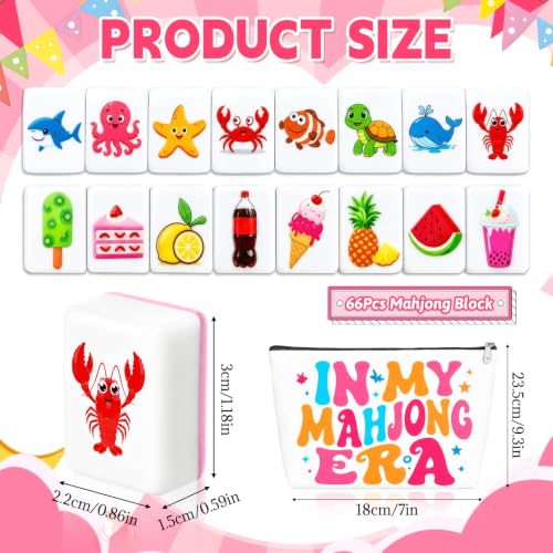 2 Player Mahjong Block Set, 66 Pink Tiles, 1.18 Inch Ocean and Food Theme Travel Mahjong Set with Storage Bag for Beach Trips, Summer Parties and Family Game Night Gifts