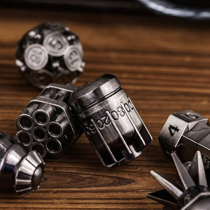 UDIXI Metal DND Dice Set 7PCS RPG Polyhedral Metal D&D Dice Set Nickel | Bomb Shape, Solid Metal, Cool Design, Leather Pouch Packaging, for Dungeons and Dragons Role Playing Games Tabletop Games - color: Ancient Silver
