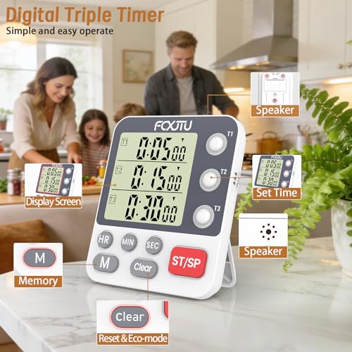 Digital Dual Kitchen Timer, 3-Channel Magnetic Countdown Stopwatch Timer for Cooking, Large Display, Loud Alarm, 100Hr Multi Food Classroom Timer for Seniors & Teachers (Battery Included) - size: Triple Timer