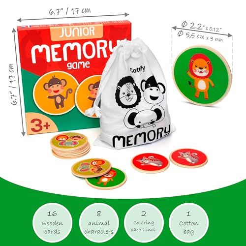 Montessori-Inspired Wooden Matching Game for Toddlers 2-4 Years - Durable, Scratch-Resistant 16 Card Set, Includes Carry Bag - Memory Game for Toddlers 2-4 Years - Cognitive Verbal Skills Development - size: Animals 16 cards