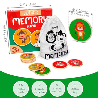 Montessori-Inspired Wooden Matching Game for Toddlers 2-4 Years - Durable, Scratch-Resistant 16 Card Set, Includes Carry Bag - Memory Game for Toddlers 2-4 Years - Cognitive Verbal Skills Development - size: Animals 16 cards