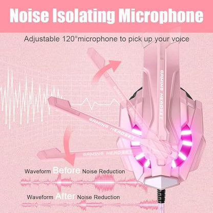 BENGOO G9000 Professional Gaming Headset for PS4, PC, Xbox One Controller, Noise Cancelling Over Ear Headphones with Mic, LED Light, Bass Surround, Soft Memory Earmuffs for Laptop - Pink - color: Pink