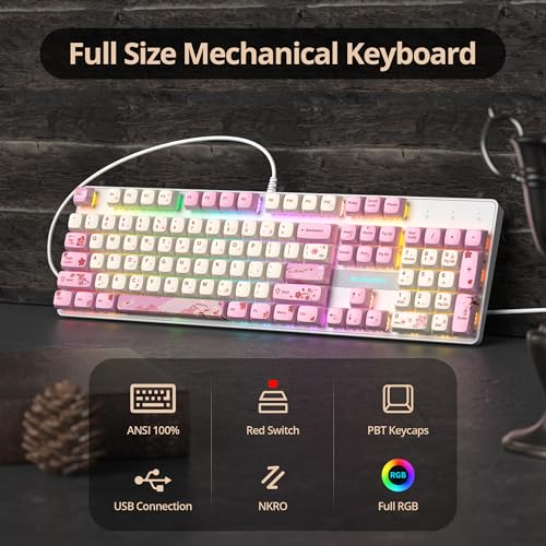Full Size Mechanical Keyboard, Creamy Keyboard with Number Pad, 104 Keys Pink Wired Gaming Keyboard with Red Switch, RGB Backlit for PC Laptop - color: Pink