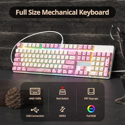 Full Size Mechanical Keyboard, Creamy Keyboard with Number Pad, 104 Keys Pink Wired Gaming Keyboard with Red Switch, RGB Backlit for PC Laptop - color: Pink