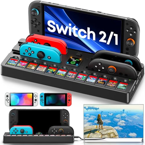 [Switch 2/1/OLED Compatible] Switch 2 Docking Station with Charging Dock, TV Base Dock Replacement Support 4k@120HZ HDMI Output, Seitch 2 Accessories Store 12 Game Cards, Game Boy Advance Games - size: M-Black-Switch 1/2