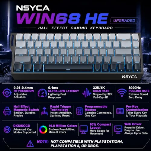 WIN68 HE Hall Effect Keyboard, Rapid Trigger Magnetic Gaming Keyboard, 8000Hz Polling Rate, DKS & SOCD, 0.01mm Adjustable Actuation, RGB PBT Keycaps, 60% Wired Keyboard for FPS Gaming PC & Mac - color: WIN68 Black Side-Printed