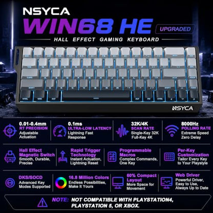 WIN68 HE Hall Effect Keyboard, Rapid Trigger Magnetic Gaming Keyboard, 8000Hz Polling Rate, DKS & SOCD, 0.01mm Adjustable Actuation, RGB PBT Keycaps, 60% Wired Keyboard for FPS Gaming PC & Mac - color: WIN68 Black Side-Printed