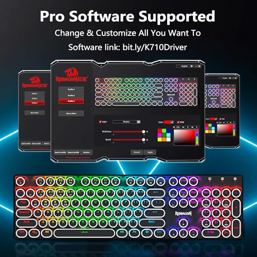 Redragon K710 Wireless Typewriter Style Mechanical Gaming Keyboard, Black | Bluetooth/2.4Ghz/Wired Tri-mode, RGB Backlit, Rechargeable Battery, Clicky Blue Switch, Solid Metal Panel, Round Keycaps