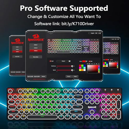 Redragon K710 Wireless Typewriter Style Mechanical Gaming Keyboard, Black | Bluetooth/2.4Ghz/Wired Tri-mode, RGB Backlit, Rechargeable Battery, Clicky Blue Switch, Solid Metal Panel, Round Keycaps