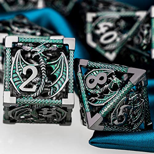 ARUOHHA Hollow DND Metal Dice Set Black Green Dragons D and D Dice, RPG Role Playing Games Dungeons Polyhedral Dice with Gift Box D20 D12 D10 D8 D6 D4 - color: Black Green