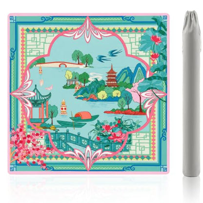 Chinoiserie Mahjong Mat for Table, The Beauty of West Lake, 31.5" x 31.5" | American Mahjong Mat, Anti-Slip Noise-Reducing, Gaming Mat for Mahjong Tiles, Poker, Board Games, Dominoes, Card Games - color: Pink and Green