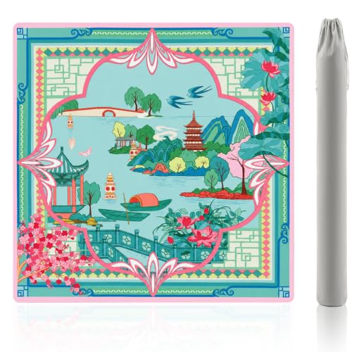 Chinoiserie Mahjong Mat for Table, The Beauty of West Lake, 31.5" x 31.5" | American Mahjong Mat, Anti-Slip Noise-Reducing, Gaming Mat for Mahjong Tiles, Poker, Board Games, Dominoes, Card Games - color: Pink and Green