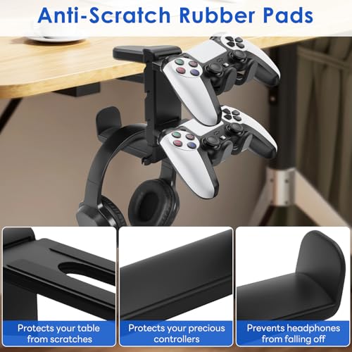 3 In 1 PC Gaming Headphone & Controller Stand Holder, Clamp On Headset Hanger with 360° Rotation Hook, Under Desk Cable Clip Organizer Earphone Storage Rack, Universal XBOX PS5 PS4 Switch Gift, Black