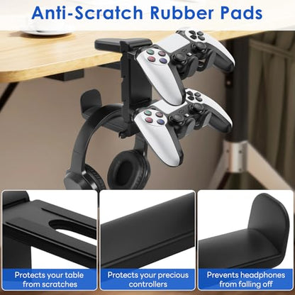3 In 1 PC Gaming Headphone & Controller Stand Holder, Clamp On Headset Hanger with 360° Rotation Hook, Under Desk Cable Clip Organizer Earphone Storage Rack, Universal XBOX PS5 PS4 Switch Gift, Black