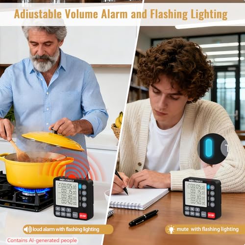 Digital Dual Kitchen Timer, 4 Channels Independent Countdown Timer, Large Display, On/Off, Loud Volume Alarm and Flashing Light with Magnetic Back, Stand, Battery Included (Black) - color: Black