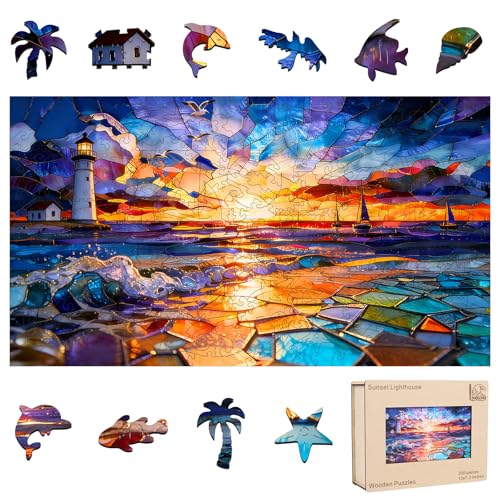 Leodozzio 200Pcs Wooden Jigsaw Puzzle Sunset Lighthouse Decor 7.3x13in | 5mm Thick LightHouse design,hand-painted unique shape pieces,Sunset Wall Decor,brain teaser,Relaxing Gift for Adults&Teens - color: Sunset Lighthouse, size: 200 pieces
