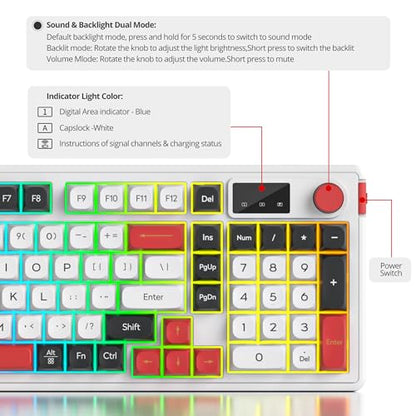 Fogruaden 96% Wireless Quiet Silent Gaming Keyboard with Number Pad & Knob, Mechanical Feel, Spill-Resistant, Multimedia Keys, Wired/BT/2.4G, USB Rechargeable Membrane Computer Keyboard for Win/Mac - color: White