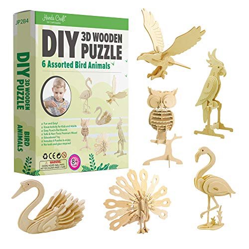 Hands Craft DIY 3D Wooden Puzzle – 6 Assorted Bird Animals Bundle Pack Set Brain Teaser Puzzles Educational STEM Toy Adults and Kids to Build Safe and Non-Toxic Easy Punch Out Premium Wood JP2B4 - color: Bird Animals