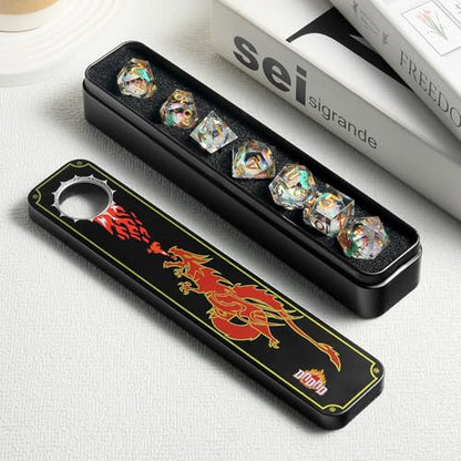 DNDND Green Dragon Dice with Golden Numbers | Liquid Core 7-Piece Sharp Edge D&D Dice Set | Dragon Themed Collectible Metal Case | RPG Tabletop Gaming Gift - color: Liquid Dragon Green
