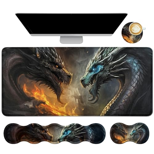 4Pcs Memory Foam Keyboard Mouse Wrist Rest Pad + Gaming Desk Mat 31.5" * 11.8" with Stitched Edges + Mouse Wrist Cushion + Coasters, Non-Slip Desk Pad Protector for Laptop Desktop, Flame Dragon - color: Flame Dragon, size: 4Pcs Memory Foam Pad