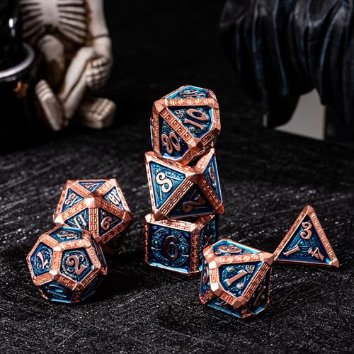 7-Piece Metal Dice Set - Mayan-Themed Zinc Alloy DND Dice for Tabletop Gaming, Gift, and Collecting - color: Mayan-themed-copper Blue