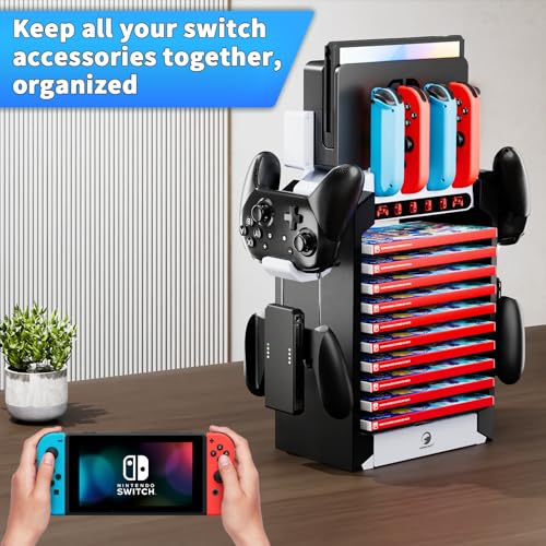 Switch Organizer Station with Controller Charger, Multifunctional Storage Stand for Nintendo Switch Dock with Controller Holder, Joy con Charging Dock and OLED Console
