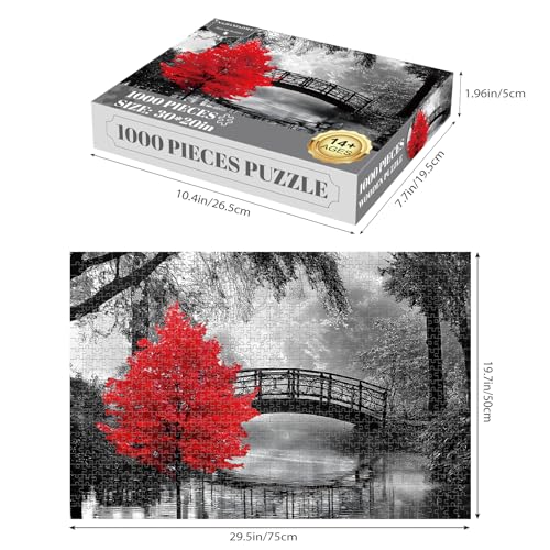 najiaxiaowu Adult Puzzle Classic Jigsaw Puzzle 1000 Pieces Wooden Puzzle DIY Black and White Bridge and Red Tree Modern Home Decor Intellectual Game Wall Art Unique Gift 75x50cm