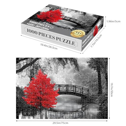 najiaxiaowu Adult Puzzle Classic Jigsaw Puzzle 1000 Pieces Wooden Puzzle DIY Black and White Bridge and Red Tree Modern Home Decor Intellectual Game Wall Art Unique Gift 75x50cm