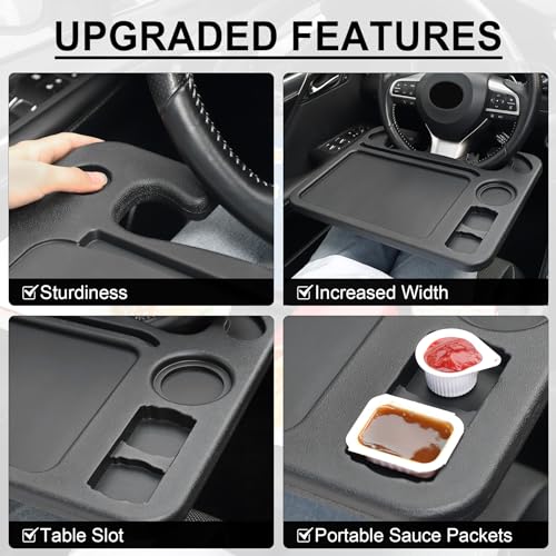 JUSTTOP 4 In 1 Car Steering Wheel Desk for Laptop,Versatile Upgraded Car Seat Tray, Spacious Steering Wheel Table With Tablet Holder and Dual Sauce Racks,Steering Wheel Under Table Console (Large) - color: Black-upgraded