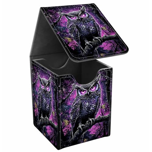Card Deck Box, Card Storage Box Fits 100+ Single Sleeved Cards, Large Capacity PU Leather Card Storage Box with Strong Magnet for Magic Commander TCG/CCG, Forest Owl - color: Forest Owl