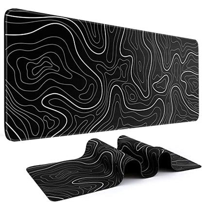 DIGSOM Gaming Mouse Pad, Black with White Topographic Line, 31.5x11.8in | XL Mouse mat, Smooth surface, Anti-slip rubber base, For keyboard and mouse, For home and office use - color: Black Topographic