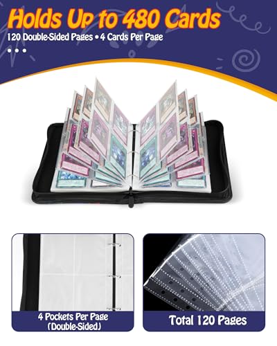 Best baseball card binder 4-Pocket holds 480 cards, 120 pages side-loading, PU leather zip waterproof cover, acid-free pages, for home storage & card shows, baseball cars binder, gift kids boys girls! - color: 4-Black and gold