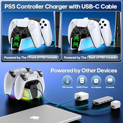PS5 Controller Charger Station Compatible with DualSense & Edge Controllers, PS5 Charging Station Docking with RGB Light & LED Indicator for PS4 Controller Charger