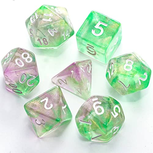 7-Die DND Dice Set Polyhedral Dice Set with a Leather Dice Bag, D&D Dice Set for RPG Table Games (Green Pink/Glitter) - color: Green Pink/Glitter