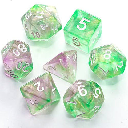 7-Die DND Dice Set Polyhedral Dice Set with a Leather Dice Bag, D&D Dice Set for RPG Table Games (Green Pink/Glitter) - color: Green Pink/Glitter