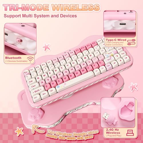 YUNZII C75 Wireless Mechanical Keyboard,75% Layout, Hot-Swappable NKRO,BT5.0/2.4G/USB-C Mode,Dye-Sub PBT MOA Keycaps,RGB Gasket Mount,Cute Cake Design for Mac/Win/Gaming (Pink, Candy Switch) - color: Pink, size: Candy Switch
