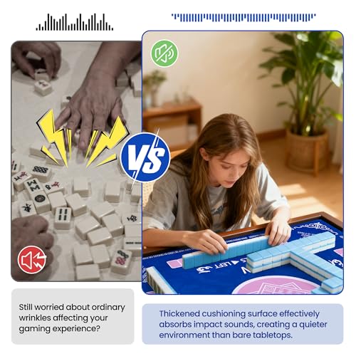 Blue Mahjong Mat for Table with 4 Racks - Anti Slip Mats for Card Poker Playing Board Game Tabletop Gaming - Noise Reduction Foldable Mah jongg Table Cover - Rectangle Mahjong Pad (32" x 32")