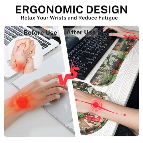 Arttown Keyboard Mouse Pad Set, 4 in 1 Desk Mat Set Frog Cute | Cartoon Plant Large Mousepad+Keyboard Wrist Rest+Mouse Wrist Rest+Coaster Ergonomic Design for Home Office Computer - color: Cute Frog